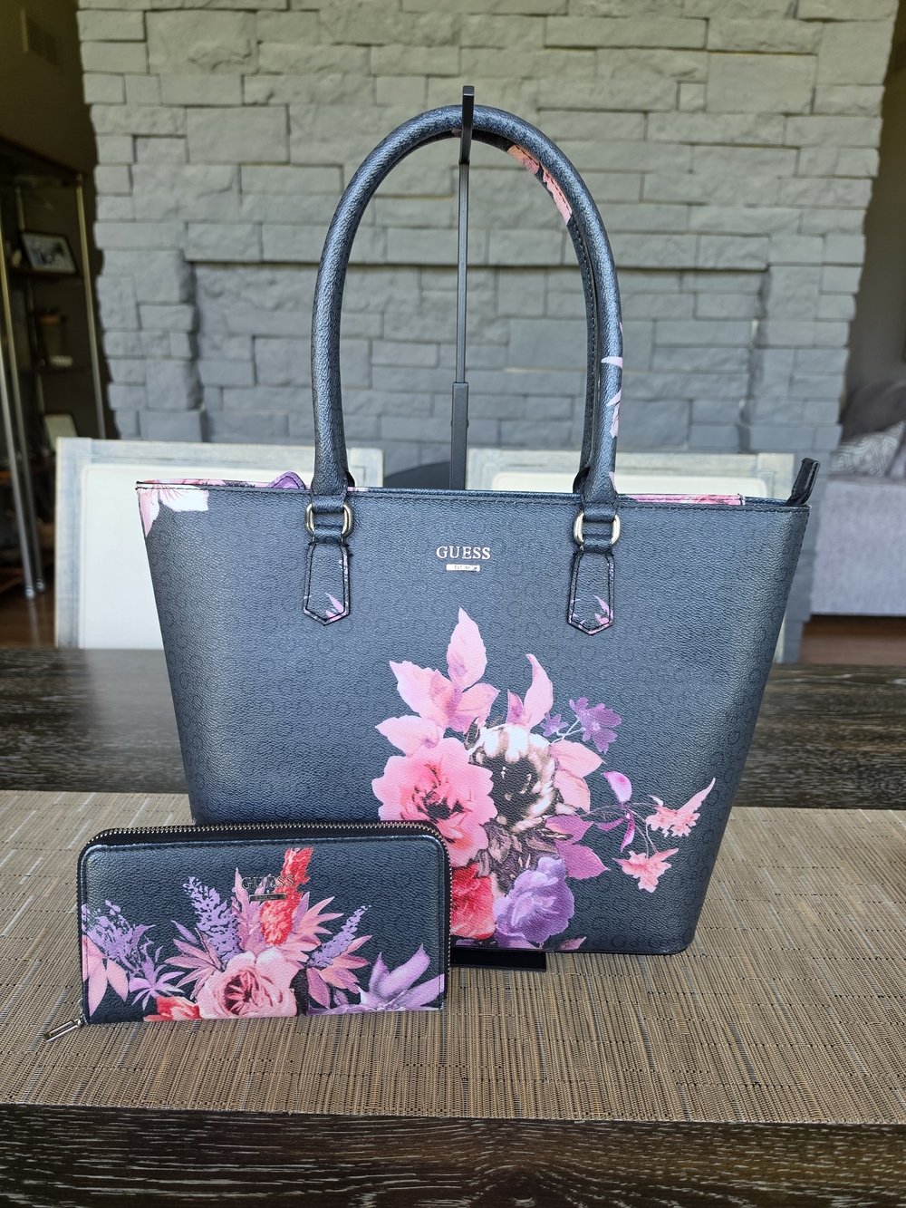 GUESS Black Floral Tote Bag with Matching Wallet